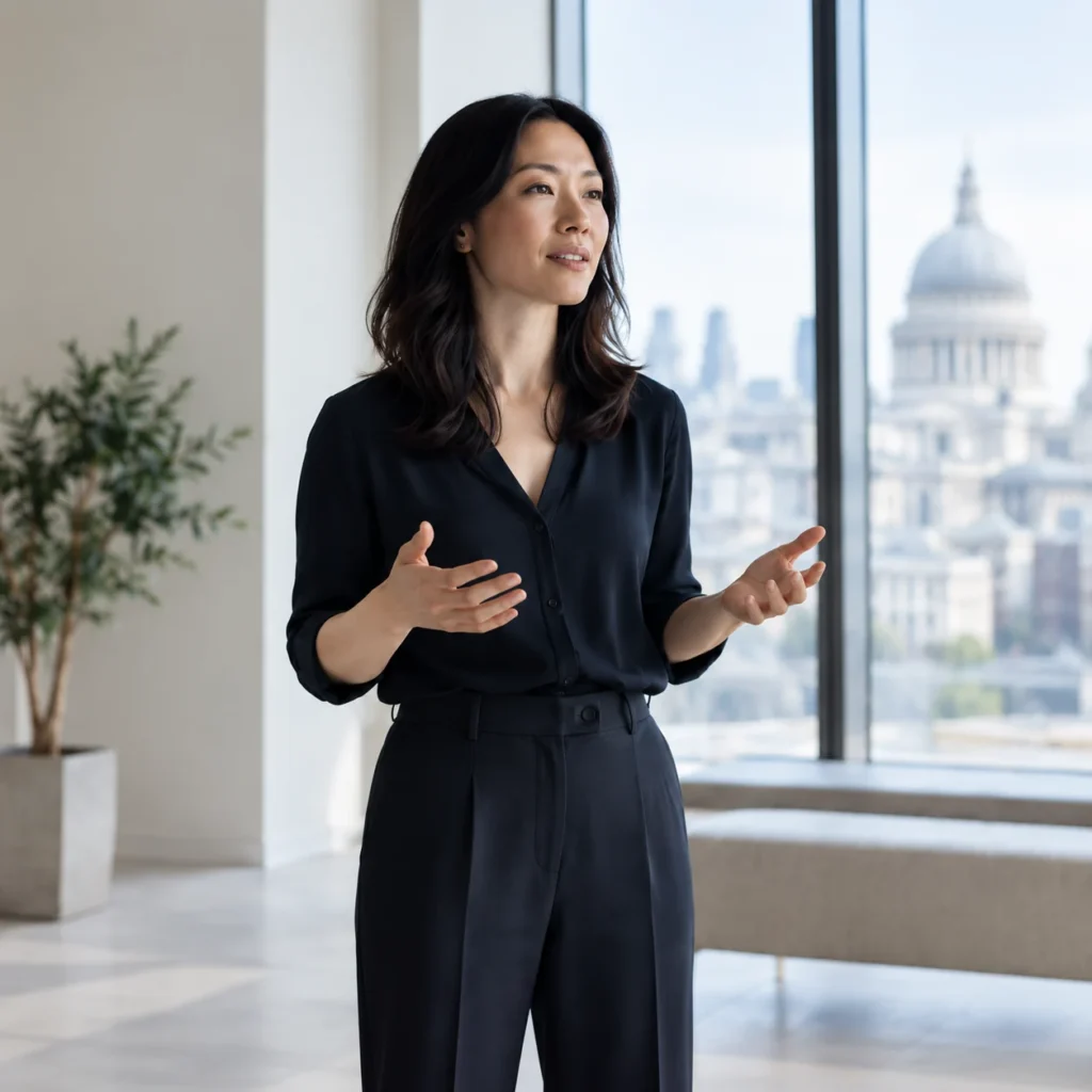 Illustrative professional rehearsing a presentation beside a city-facing window.