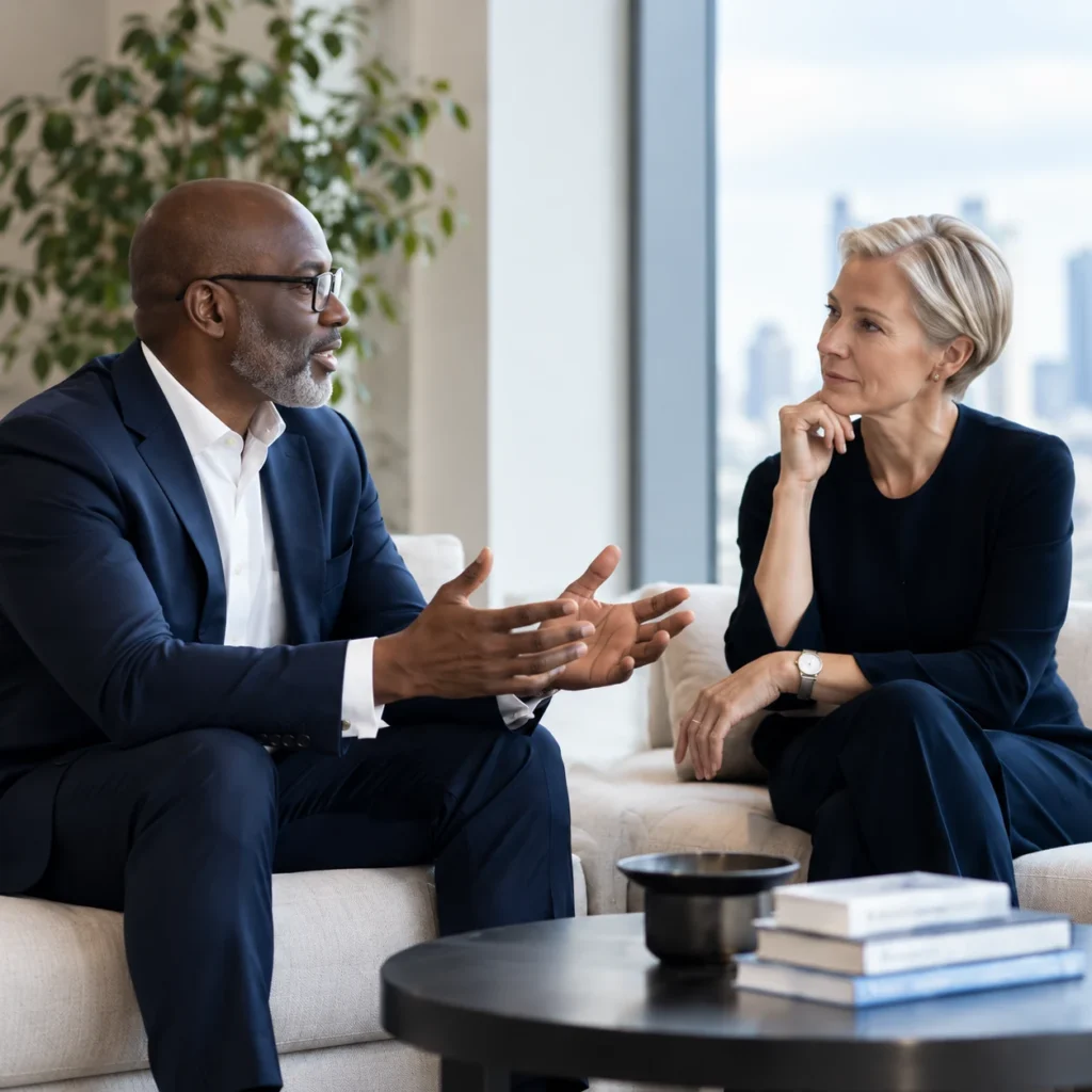 Illustrative one-on-one coaching conversation in a bright contemporary lounge.