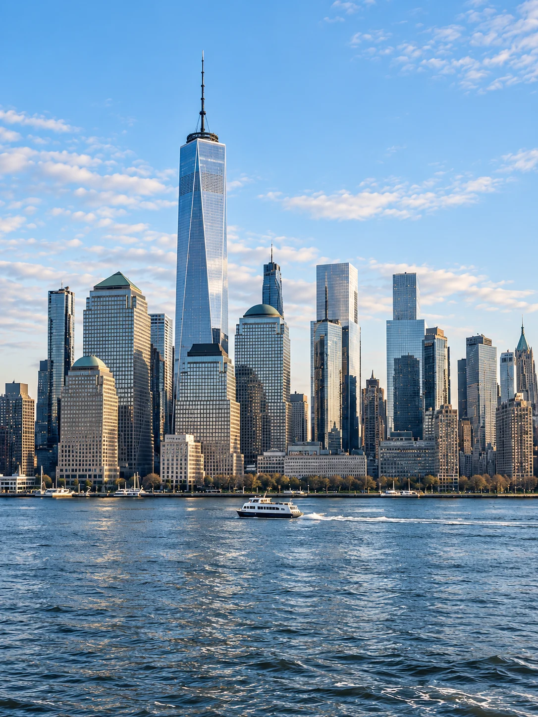 Illustrative New York skyline with One World Trade Center and a ferry on the waterfront.