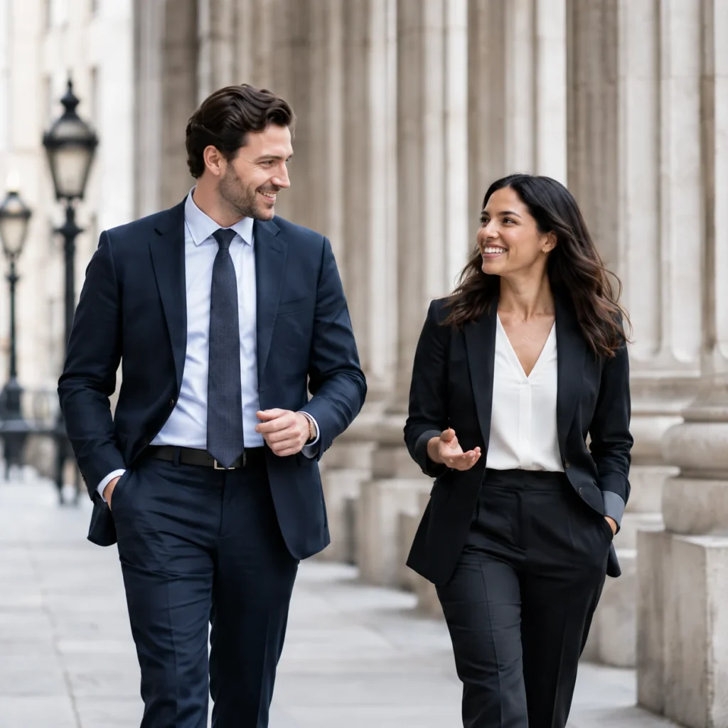 Illustrative financial professionals in conversation while walking through a stone colonnade.